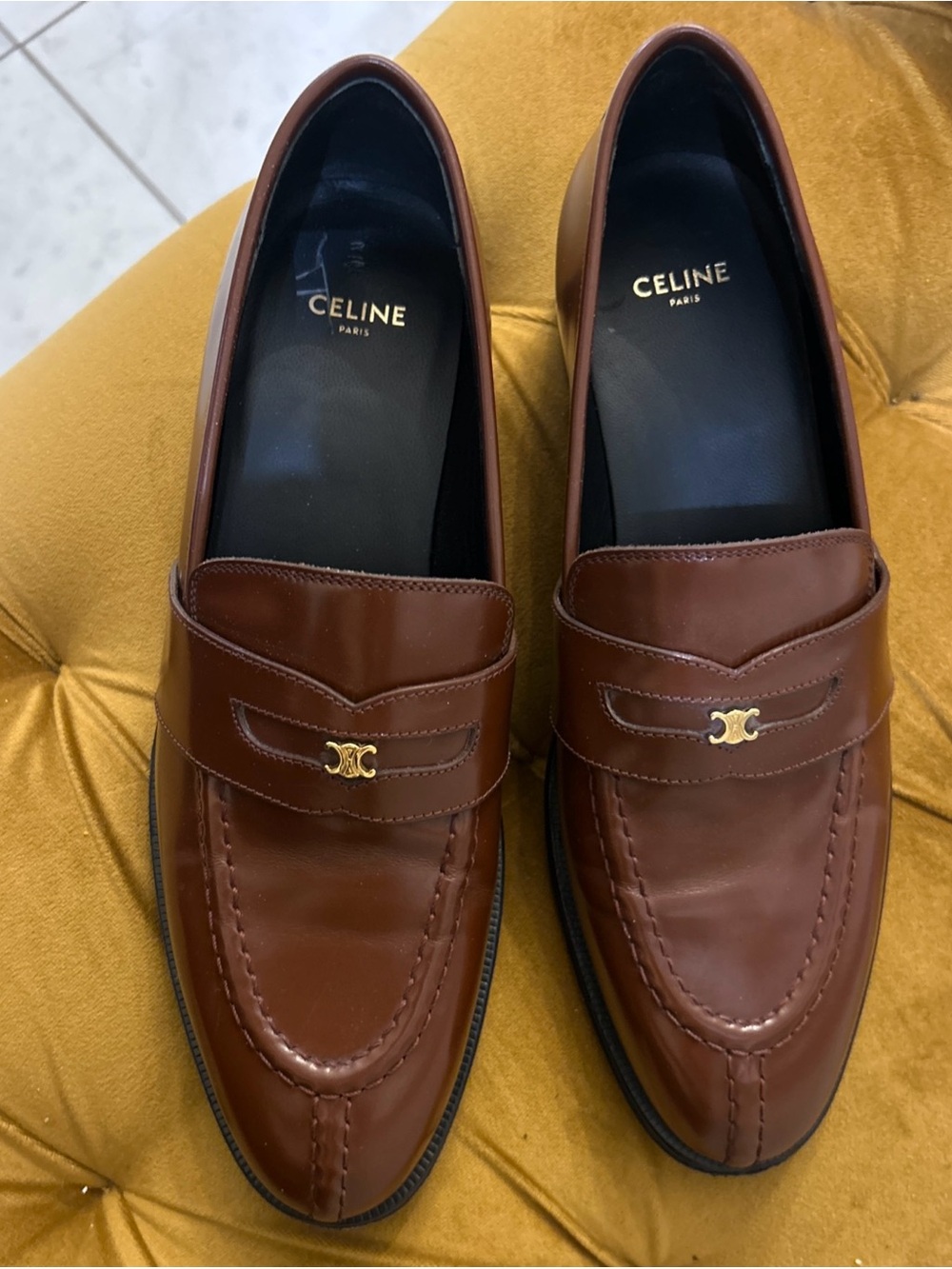 Celine Brown Leather Penny Loafers with Gold Logo Hardware